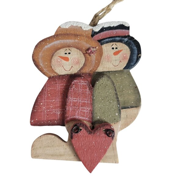 Snowman Couple Wood Ornament Smiling Rustic Farmhouse Folk Art Vintage READ - Picture 2 of 8